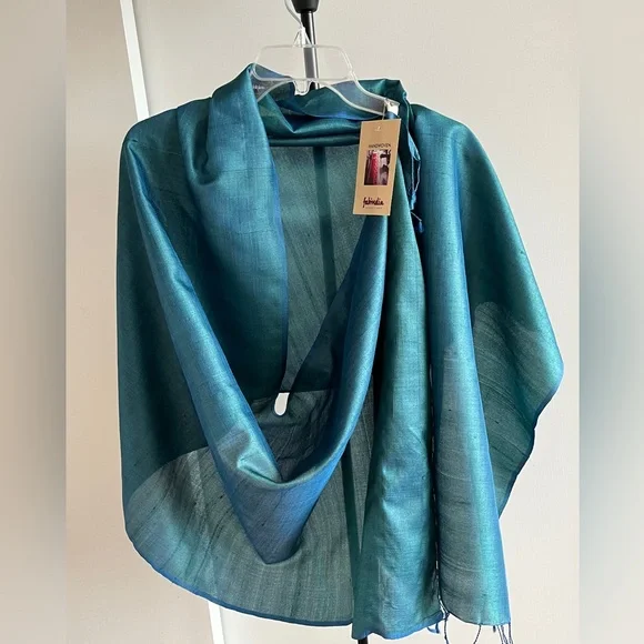 NWT Fabindia Handwoven 100% Silk Wrap Dupatta Stole Scarf Turquoise Teal Blue